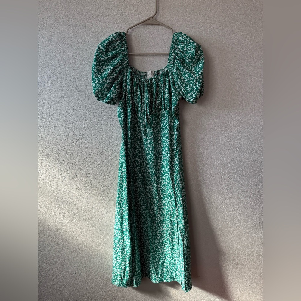 SHEIN Green Floral Puff Sleeve Dress